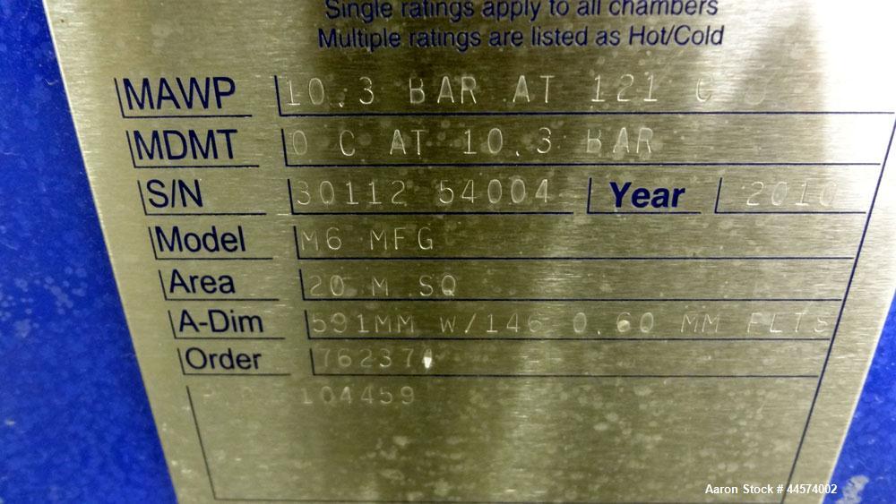 Used Alfa Laval Plate Exchanger, 215 Square Feet, Model M6-MFG.  (146) 0.60 mm thick 316 stainless steel plates, approximately 9-1/2” wide x 29-1/2” tall. Designed 149 psi at 250 degrees F.  (2) 2” I...