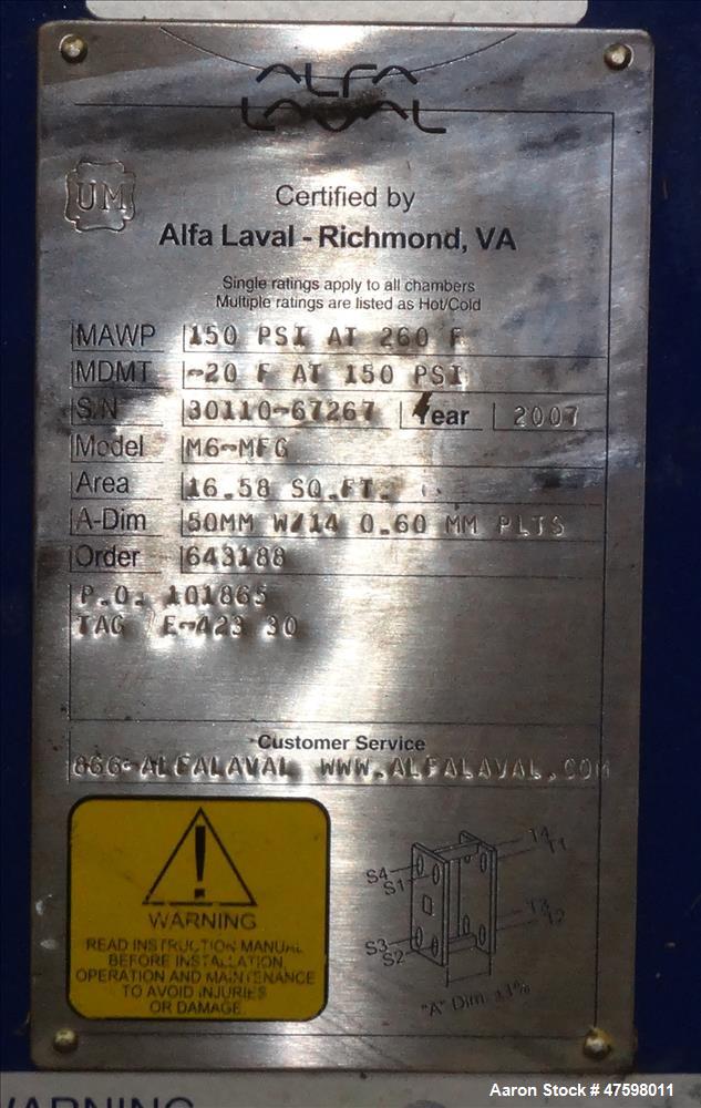 Used Alfa-Laval Plate Exchanger, 16.58 Square Feet, Model M6-MFG. (14) 2" Wide x 28" tall stainless steel plates. Designed 150 psi at -20 to 260 degrees F. 2" Inlet, 2" outlet. Mounted on a carbon st...