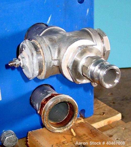 Used Alpha Laval model M6MDFG 58.75 square foot stainless steel plate heat exchanger. A-dim 153mm with (40) .75 mm plates, 2 1/2 in inlet/outlet,  150 PSI @ 230 deg F, (4) eye system.