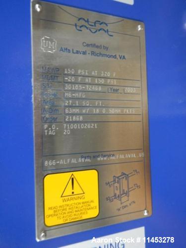 Unused- Alfa Laval Plate Heat Exchanger, Model number M6MFG. Exchanger has (41) Stainless steel plates with 27 FT2 of heat s...