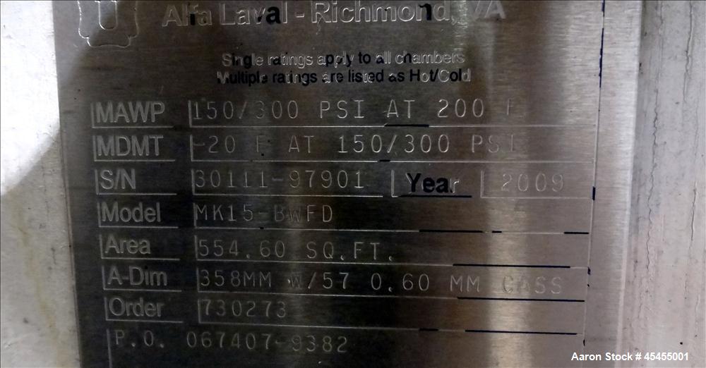 Used Alfa Laval Plate Exchanger, 554.60 Square Feet, Model MK15-BWFD