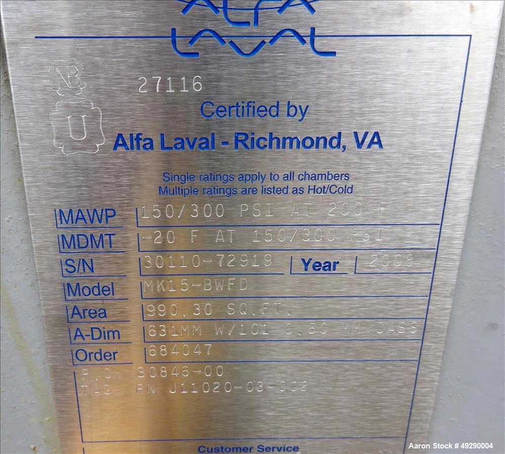 Used Alfa-Laval Plate Exchanger, 990 Square Feet, Model M15-BWFD.