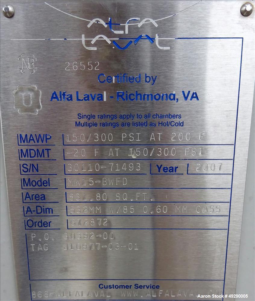 Used Alfa-Laval Plate Exchanger, 831 Square Feet, Model M15-BWFD