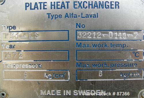 USED: Alfa Laval plate heat exchanger, model P31-LS. Approximately 268 square feet, 316 stainless steel. (78) Approximate 16" wide x 44" long plates rated 6 kg/cm2 (85 psi). 3" inlet/outlet. Expandab...