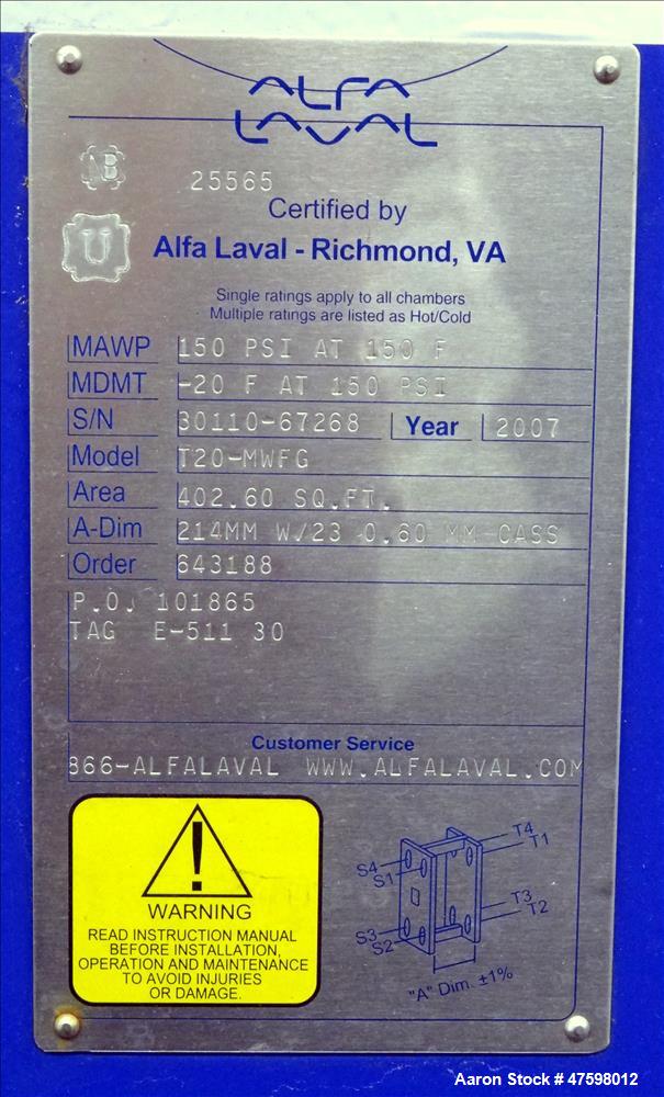 Unused- Alfa-Laval Plate Exchanger, 402.60 Square Feet, Model T20-MWFG.