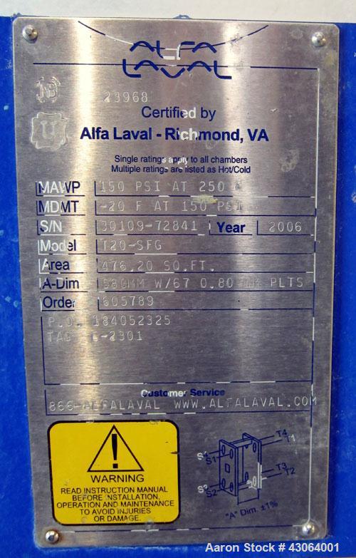 Used Alfa Laval Plate Exchanger, 476.20 Square Feet, Model T20-SFG. (67) Approximately 25” wide x 72” tall x 0.80mm 316 stainless steel plates. Rated 150 psi at -20 to 250 degrees F. (2) 8” Inlet bla...