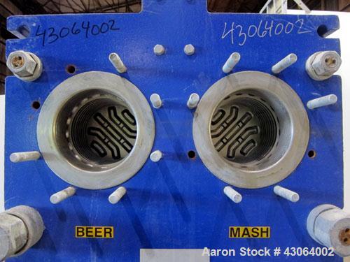 Used Alfa Laval Plate Exchanger, 476.20 Square Feet, Model T20-SFG. (67) Approximately 25” wide x 72” tall x 0.80mm 316 stainless steel plates. Rated 150 psi at -20 to 250 degrees F. (2) 8” Inlet bla...