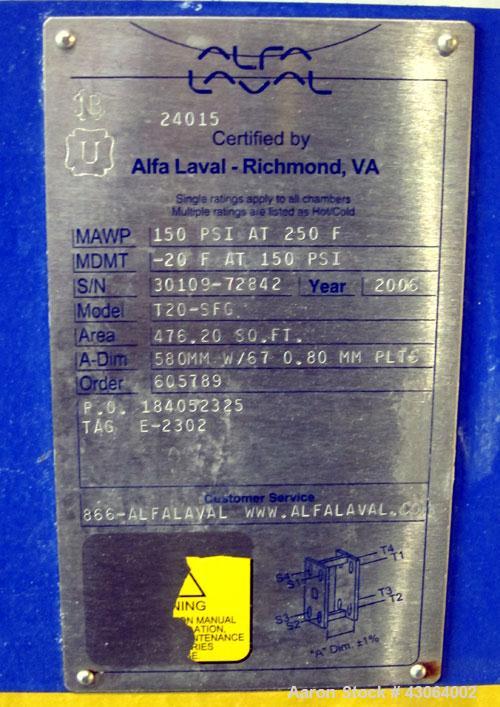 Used Alfa Laval Plate Exchanger, 476.20 Square Feet, Model T20-SFG. (67) Approximately 25” wide x 72” tall x 0.80mm 316 stainless steel plates. Rated 150 psi at -20 to 250 degrees F. (2) 8” Inlet bla...