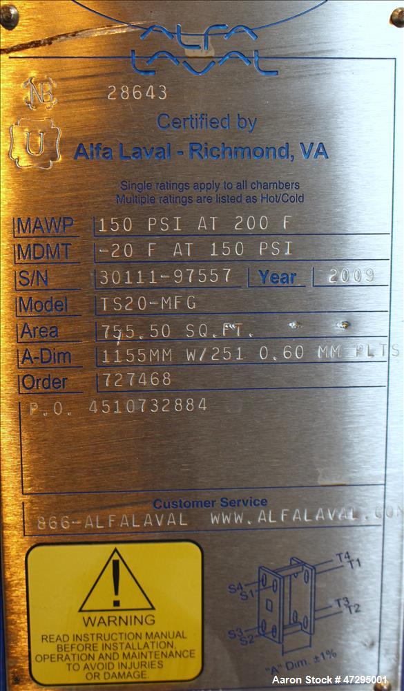 Unused- Alfa Laval Plate Type Heat Exchanger, Model TS20-MFG, 755.5 Square Feet