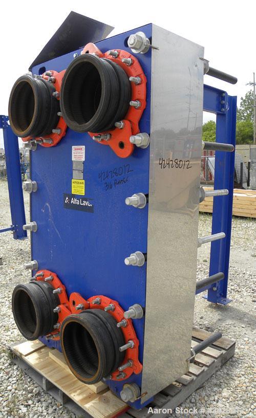 Used Alfa Laval Vicarb Plate Exchanger, 769.6 Square Feet, Model V110-SST-100. Duty 6577 KBTU/H. (67) Approximately 36’’ wide x 60’’ tall 316 stainless steel plates. Designed 150 psi at 20 to 150 deg...