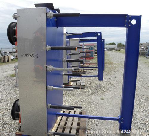 Used Alfa Laval Vicarb Plate Exchanger, 769.6 Square Feet, Model V110-SST-100. Duty 6577 KBTU/H. (67) Approximately 36’’ wide x 60’’ tall 316 stainless steel plates. Designed 150 psi at 20 to 150 deg...
