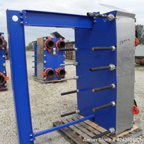 Used Alfa Laval Vicarb Plate Exchanger, 769.6 Square Feet, Model V110-SST-100. Duty 6577 KBTU/H. (67) Approximately 36’’ wide x 60’’ tall 316 stainless steel plates. Designed 150 psi at 20 to 150 deg...