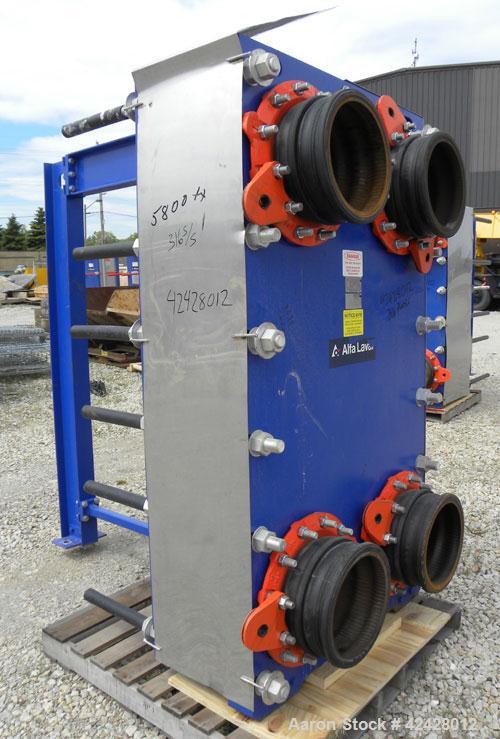 Used Alfa Laval Vicarb Plate Exchanger, 769.6 Square Feet, Model V110-SST-100. Duty 6577 KBTU/H. (67) Approximately 36’’ wide x 60’’ tall 316 stainless steel plates. Designed 150 psi at 20 to 150 deg...