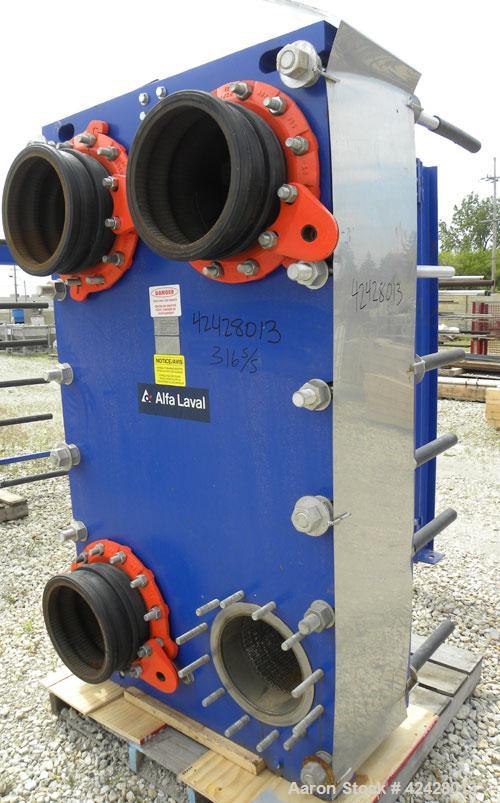 Used Alfa Laval Vicarb Plate Exchanger, 769.6 Square Feet, Model V110-SST-100. Duty 6577 KBTU/H. (67) Approximately 36’’ wide x 60’’ tall 316 stainless steel plates. Designed 150 psi at 20 to 150 deg...