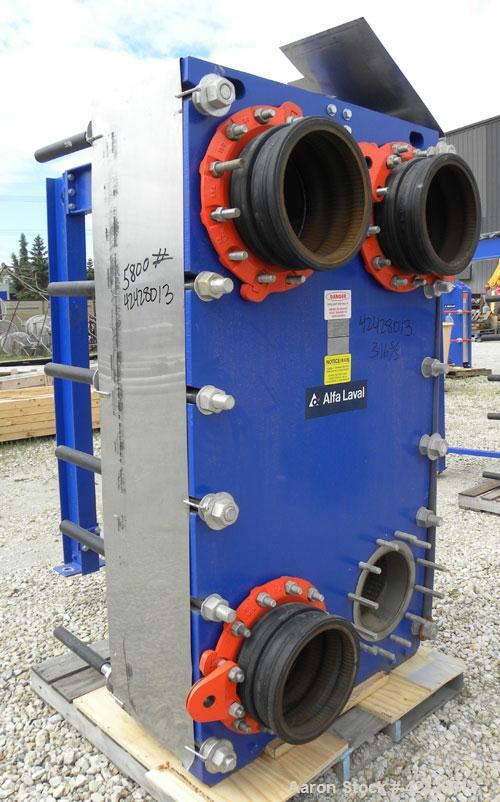 Used Alfa Laval Vicarb Plate Exchanger, 769.6 Square Feet, Model V110-SST-100. Duty 6577 KBTU/H. (67) Approximately 36’’ wide x 60’’ tall 316 stainless steel plates. Designed 150 psi at 20 to 150 deg...