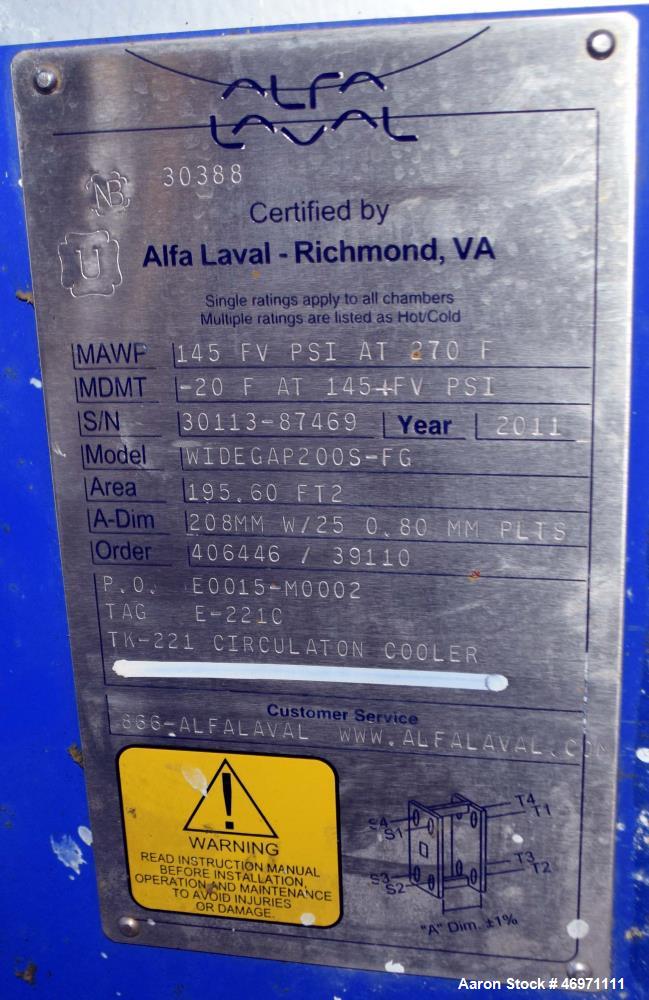 Used Alfa Laval Plate Heat Exchanger, 195.60 Square Feet, Model Widegap200S-FG. (25) 0.80mm 316 Stainless steel plates, rated 145 Full Vacuum psi at -20 to 270 degrees F. National Board# 30388, seria...