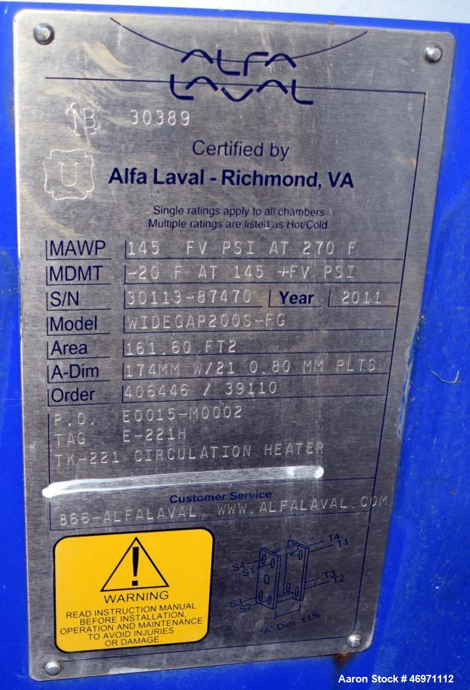 Used Alfa Laval Plate Heat Exchanger, 161.60 Square Feet, Model Widegap200S-FG. (21) 0.80mm 316 Stainless steel plates, rated 145 Full Vacuum psi at -20 to 270 degrees F. National Board# 30389, seria...