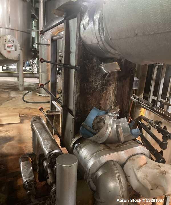 Used Alfa Laval Stainless Steel Plate And Frame Heat Exchanger, approximate 1000 Sq. Ft., E-4707. Stainless steel Plates. No visible Name Plate, Sq. Ft. is approximate.
