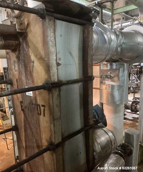 Used Alfa Laval Stainless Steel Plate And Frame Heat Exchanger, approximate 1000 Sq. Ft., E-4707. Stainless steel Plates. No visible Name Plate, Sq. Ft. is approximate.