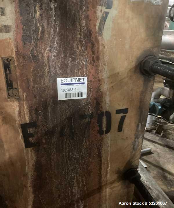 Used Alfa Laval Stainless Steel Plate And Frame Heat Exchanger, approximate 1000 Sq. Ft., E-4707. Stainless steel Plates. No visible Name Plate, Sq. Ft. is approximate.
