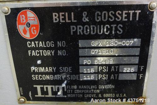 Used Bell & Gossett Plate Exchanger, 9.10 Square Feet, Model GPX-130-007. (7) 304 Stainless steel plates. Designed 115 psi at 225 degrees F. (2) 2” Inlets, (2) 2” outlets. Mounted on a carbon steel e...