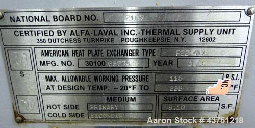 Used Bell & Gossett Plate Exchanger, 9.10 Square Feet, Model GPX-130-007. (7) 304 Stainless steel plates. Designed 115 psi at 225 degrees F. (2) 2” Inlets, (2) 2” outlets. Mounted on a carbon steel e...