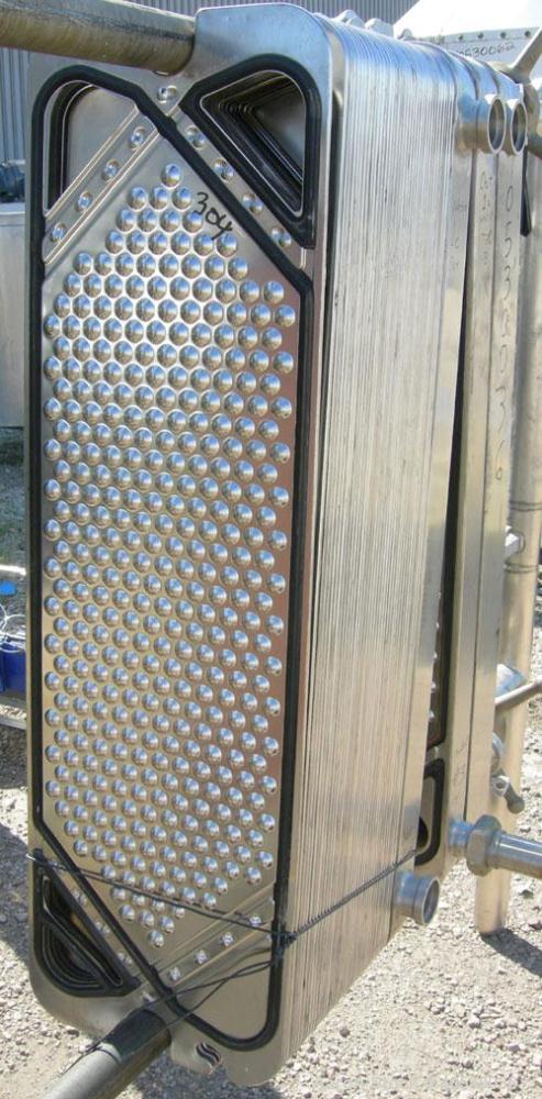 Used Cherry Burrell Plate Heat Exchanger, Model SLAS-100. Approximately 250 square feet, 304 stainless steel. (94) 13 1/2" wide x 45" long plates. 2" inlet/outlet. 2 hand wheel type tightening bars. ...