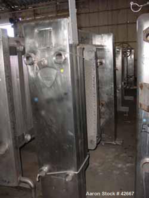 Used Crepaco Plate Heat Exchanger, Model CXC, Stainless Steel. Frame only. 48" open rail. 2 screw type tightening bars. 2-1/2" inlet/outlet.