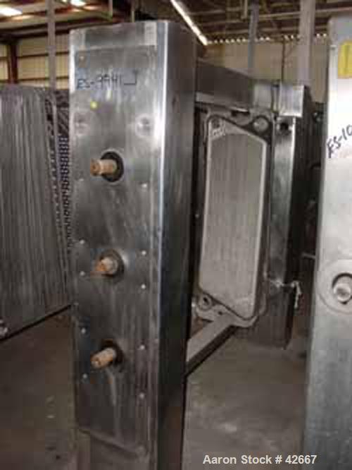 Used Crepaco Plate Heat Exchanger, Model CXC, Stainless Steel. Frame only. 48" open rail. 2 screw type tightening bars. 2-1/2" inlet/outlet.