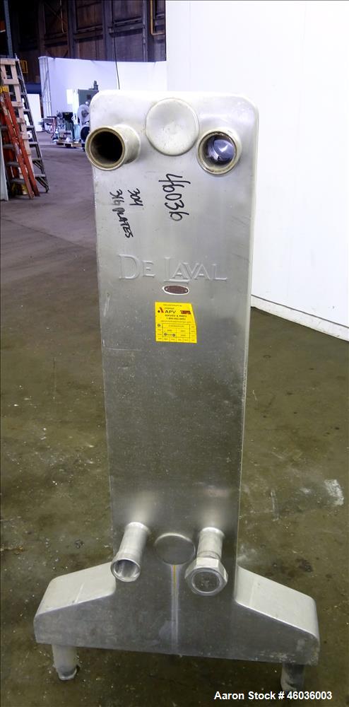 Used De Laval APV Paraflow Plate Heat Exchanger, Type HX, Approxmiate 150 square feet. (70) 9" wide x 36" long 316 Stainless steel plates. (8) 2" Diameter inlets/outlets. No pressure or temperature r...
