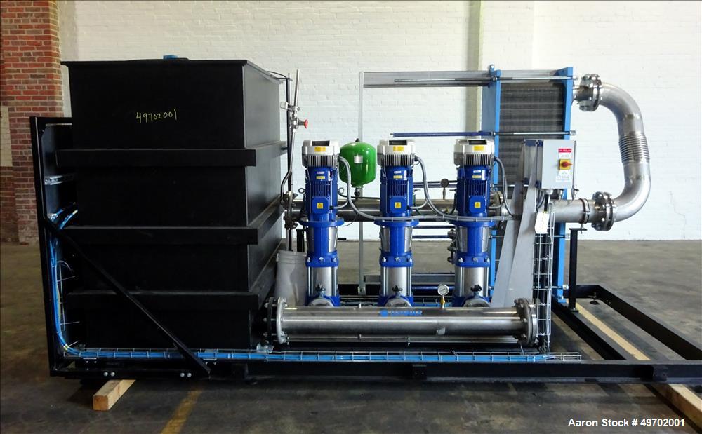 Used Custom Heating-Cooling System Skid, Consisting of: (1) Funke plate heat exchanger, model FP 50-163-1-NH-0-10.0 bar. Approximate 850 square feet, rated 10 bar (145 psi) at 60 degrees C. (140 F). ...