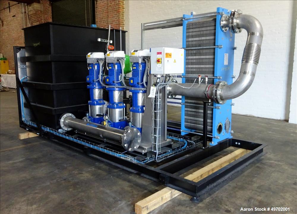 Used Custom Heating-Cooling System Skid, Consisting of: (1) Funke plate heat exchanger, model FP 50-163-1-NH-0-10.0 bar. Approximate 850 square feet, rated 10 bar (145 psi) at 60 degrees C. (140 F). ...