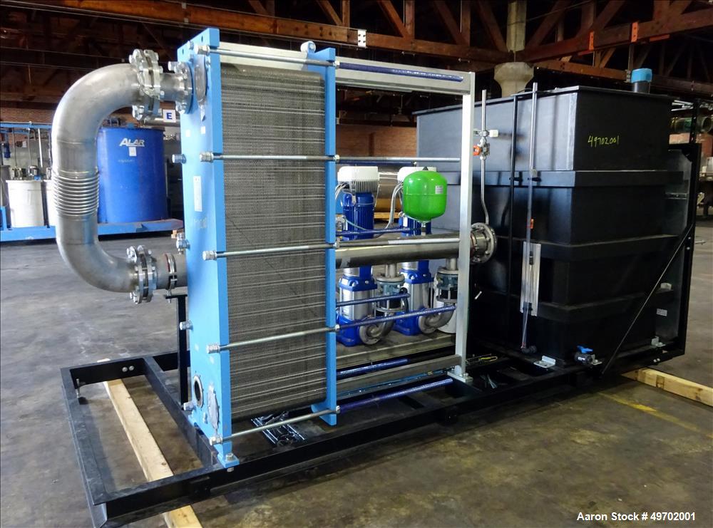 Used Custom Heating-Cooling System Skid, Consisting of: (1) Funke plate heat exchanger, model FP 50-163-1-NH-0-10.0 bar. Approximate 850 square feet, rated 10 bar (145 psi) at 60 degrees C. (140 F). ...