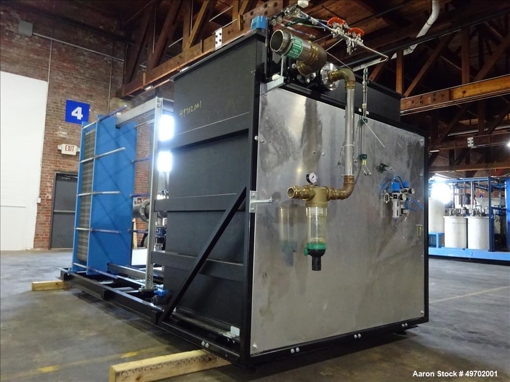 Used Custom Heating-Cooling System Skid, Consisting of: (1) Funke plate heat exchanger, model FP 50-163-1-NH-0-10.0 bar. Approximate 850 square feet, rated 10 bar (145 psi) at 60 degrees C. (140 F). ...