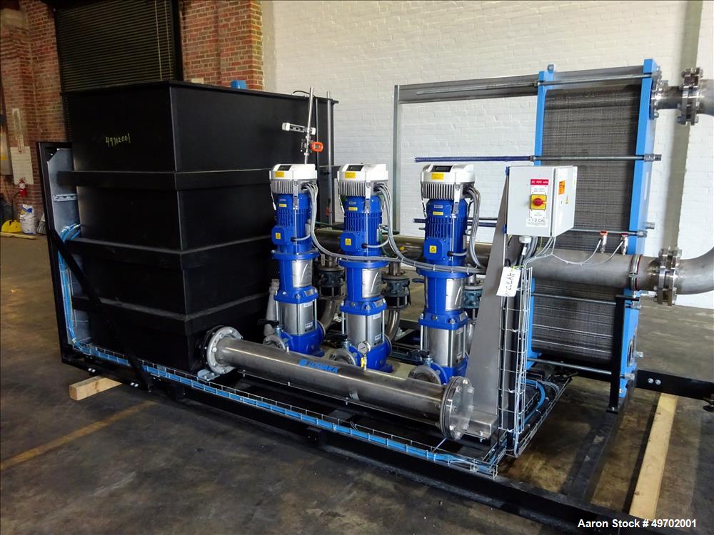 Used Custom Heating-Cooling System Skid, Consisting of: (1) Funke plate heat exchanger, model FP 50-163-1-NH-0-10.0 bar. Approximate 850 square feet, rated 10 bar (145 psi) at 60 degrees C. (140 F). ...