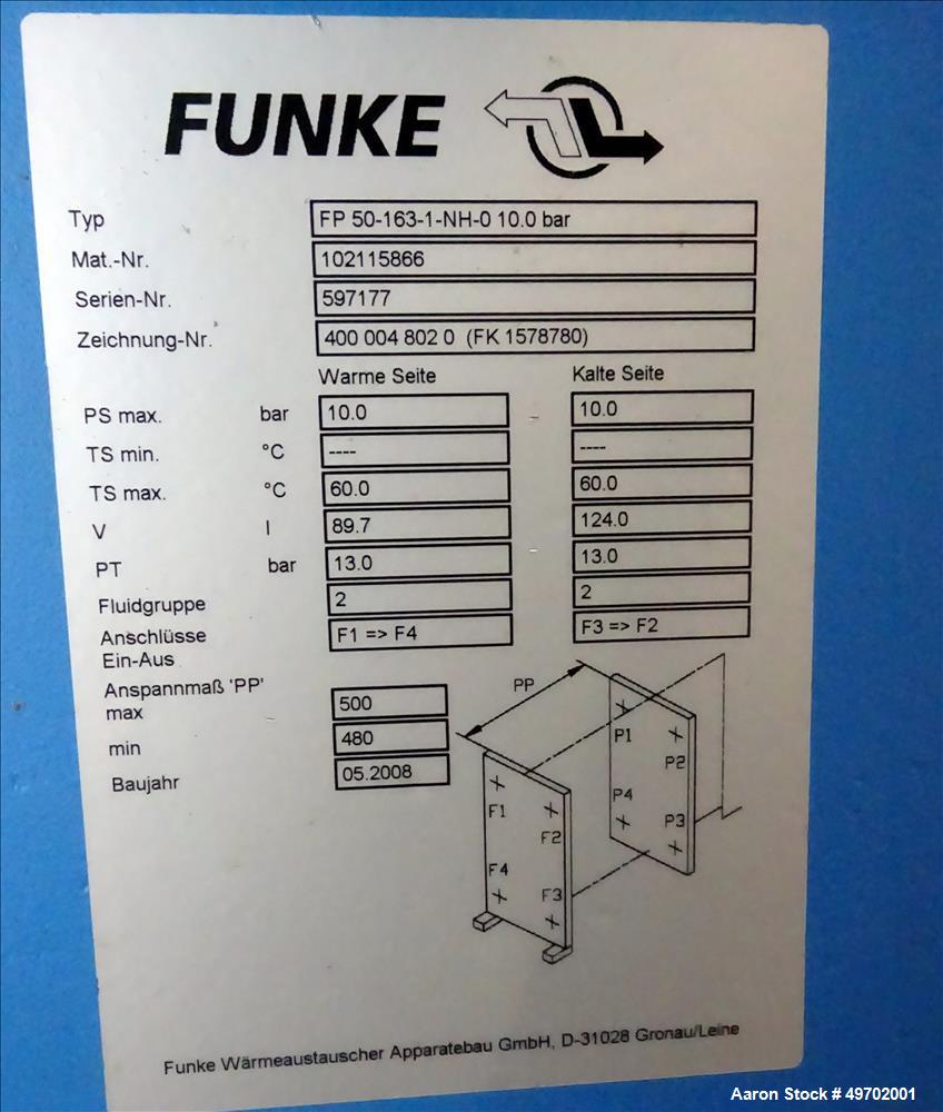Used Custom Heating-Cooling System Skid, Consisting of: (1) Funke plate heat exchanger, model FP 50-163-1-NH-0-10.0 bar. Approximate 850 square feet, rated 10 bar (145 psi) at 60 degrees C. (140 F). ...
