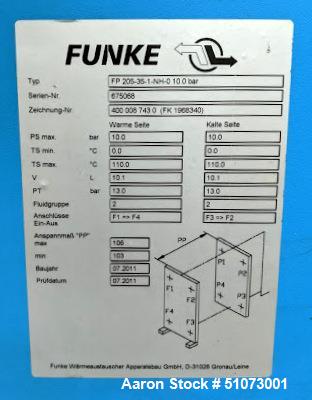 Used- Funke Plate Type Heat Exchanger, Type FP 205-35-1-NH-0