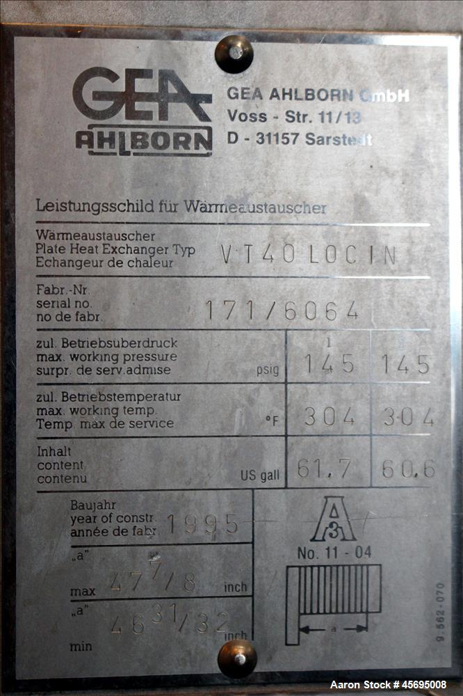 Used- GEA Ahlborn GMBH Varitherm Plate Heat Exchanger, Model VT40 L0CIN