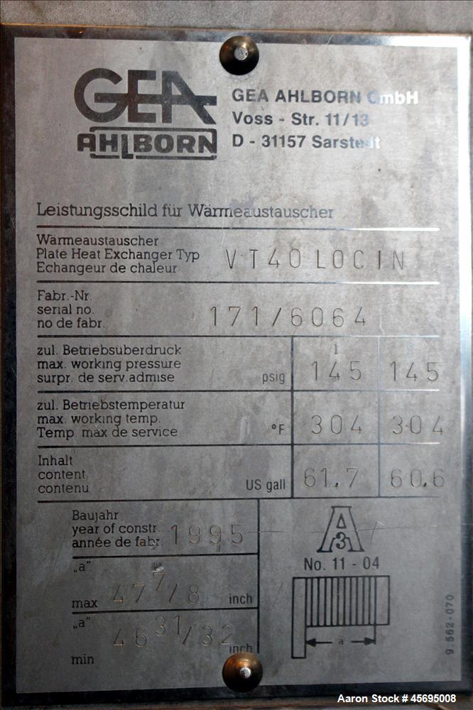 Used GEA Ahlborn GMBH Varitherm Plate Heat Exchanger, Model VT40 L0CIN