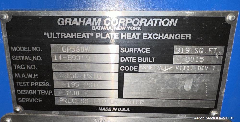Used Graham Ultraheat GP560W Plate Heat Exchanger – 319 Sq. Ft., 150 PSI, Built 2015