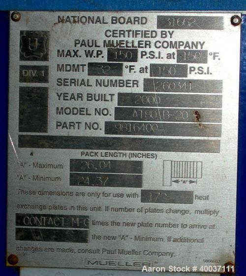 Used Paul Mueller Plate and Frame Heat Exchanger, Model AT-80B-20, 1536 square feet, 304 stainless steel. (172) Approximately 24'' wide x 70'' tall plates. Rated 150 psi at 150 deg F. 6'' inlet/outle...