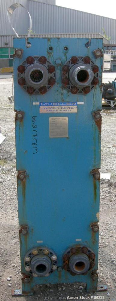 Used Mueller Accu-Therm Plate Heat Exchanger, Model AT40 F-20, approximately 202.9 square feet, 304 stainless steel. (42) plates rated 100 psi at 150 degrees F. 3" inlet/outlet. Mounted on a carbon s...