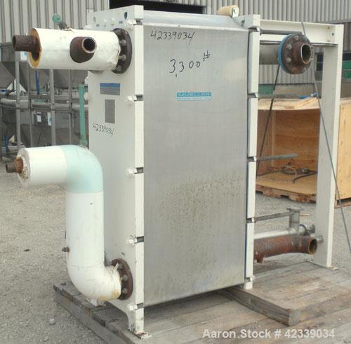 Used Mueller Plate Heat Exchanger, Approximately 831 Square Feet, Model AT40 B-20. (74) 316 Stainless steel plates. Designed for 100 psi max at 150 degrees F max. 4-1/2" inlet/outlet cold side, 3" sa...