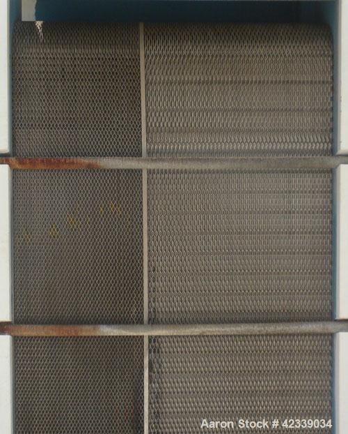 Used Mueller Plate Heat Exchanger, Approximately 831 Square Feet, Model AT40 B-20. (74) 316 Stainless steel plates. Designed for 100 psi max at 150 degrees F max. 4-1/2" inlet/outlet cold side, 3" sa...