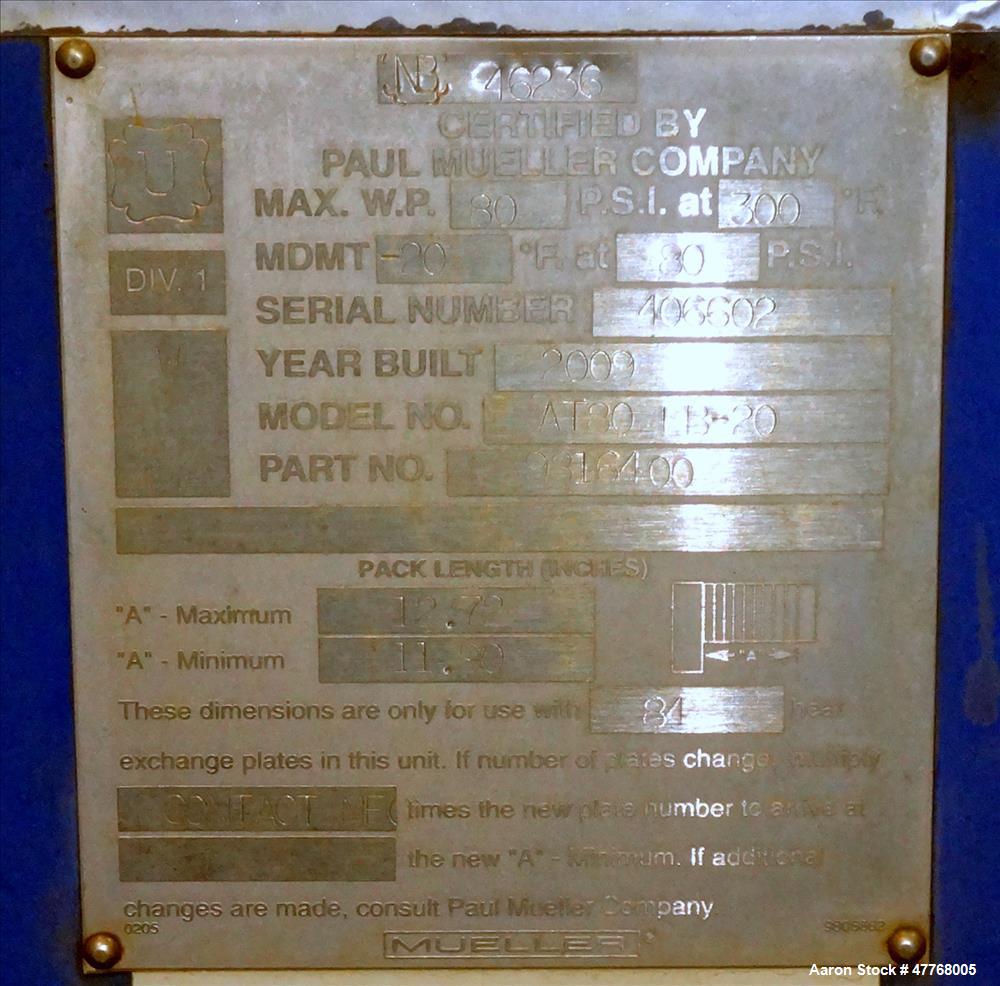 Used Mueller Accu-Therm Plate Heat Exchanger, Approximate 700 Square Feet Surface Area, Model AT80-LB-20. Approximate (82) 316 stainless steel plates rated 80psi at -20 to 300 degrees F. (4) 6-3/4" I...