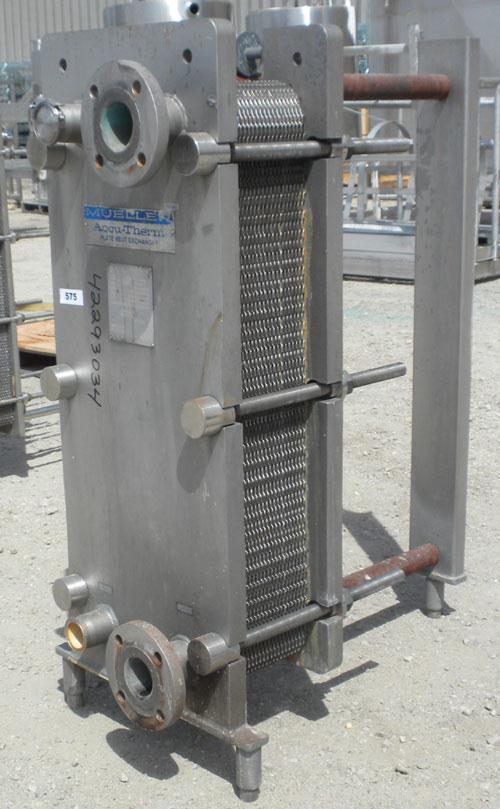 Used Mueller Plate Heat Exchanger, 117.5 Square Feet, Model AT20-SSF-10. (44) 316 Stainless steel plates. Designed for 104 psi at 250 degrees F. 2" sanitary hot inlet/outlet, 2-1/2" cold inlet/outlet...