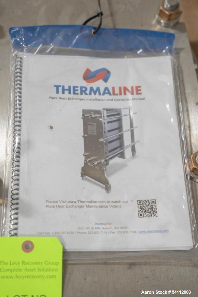 Thermaline Model T13 Plate Heat Exchanger - Used, Stainless Steel. Approximately 42.9 square feet. Flow rate: 44 GPM (Process Side), 145 GPM (Service process). Heat exchanged 975,672 BTU/Hr. Designed...