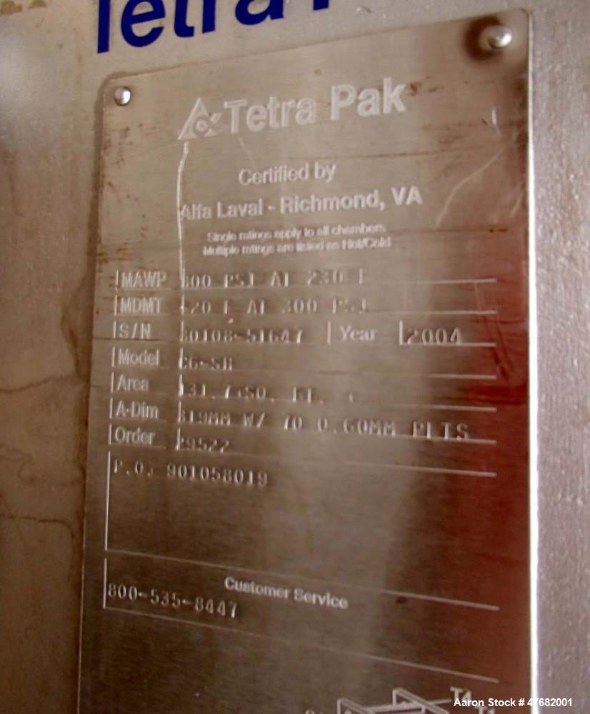 Used Tetra-Pak Plate Heat Exchanger, Model C6-SR/SH. Plates with parallel flow. Design pressure: 300 PSI, liquid volume 12.94 US gallons. Flow rate for hot water: 60gpm. Temp. program for hot water: ...