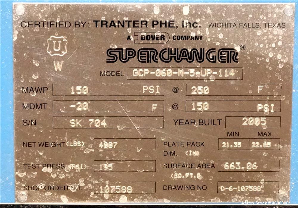 Used Tranter/Dover Superchanger Plate Heat Exchagner, Model GCP-060-M-5-UP-114
