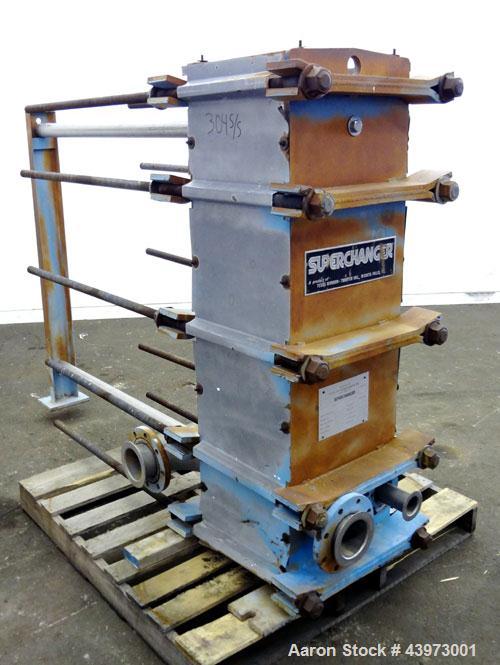 Used Tranter Superchanger Plate Heat Exchanger, Model S-3-HP-76.  250.1 Square feet.  (76) 304 Stainless steel plates. Rated  100 psi at 200 degrees F.  (2) 2-1/2", (2) 4-1/2" inlets/outlets.  Mounte...